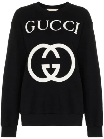Shop Gucci Logo Print Cotton Jumper - Black