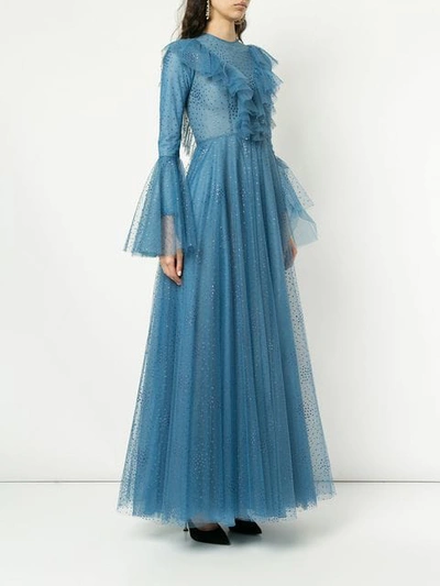 Shop Costarellos Ruffle Sleeve Tulle Dress In Azure