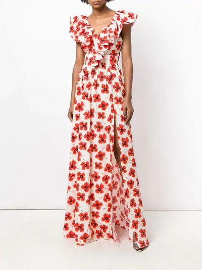 Shop Fausto Puglisi Poppy Print Ruffled Maxi Dress In Neutrals