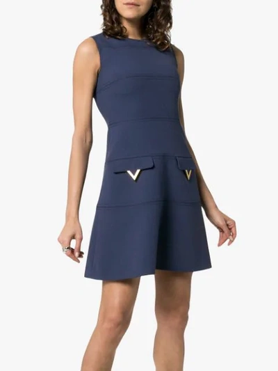 Shop Valentino Sleeveless Logo Lettering Virgin Wool Mini Dress In Blue