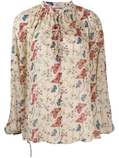 Shop Semicouture Floral-print Tie-neck Blouse In Neutrals