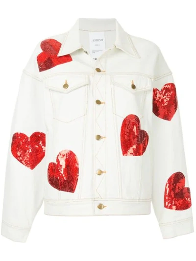 Shop Ashish Sequin Hearts Denim Jacket - White