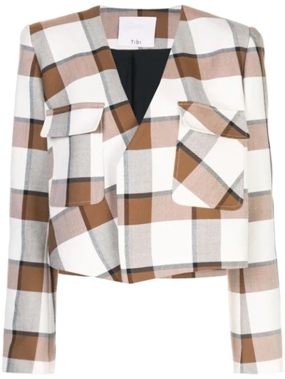 Shop Tibi Dylan Plaid Cropped Jacket In Ivory Multi