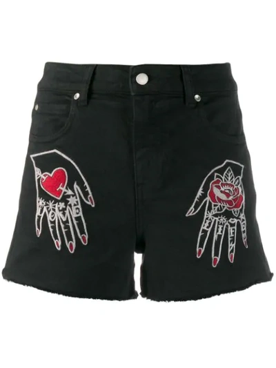 Shop Red Valentino Red(v) Hand Embroidered Denim Shorts In Black