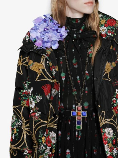 Shop Gucci Padded Cape Coat With Flowers And Tassels In Black