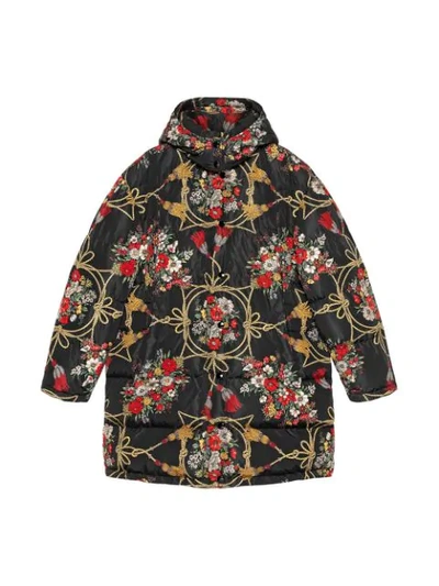 Shop Gucci Padded Cape Coat With Flowers And Tassels In Black