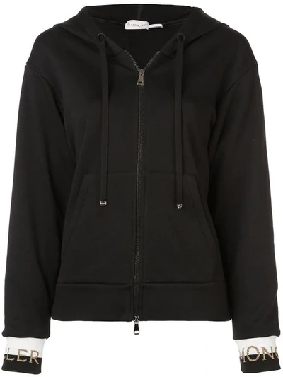 Shop Moncler Zip Front Logo Hoodie In Black