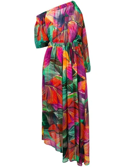 Shop Pinko Tropical Print Asymmetric Dress In Green
