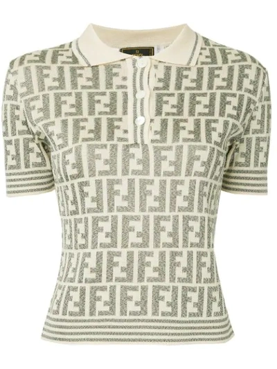 Shop Fendi Vintage Monogram Knitted Polo Shirt - Neutrals