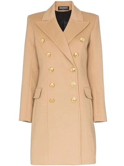 BALMAIN DOUBLE-BREASTED WOOL AND CASHMERE BLEND COAT - 大地色