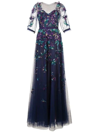 Shop Marchesa Notte Embroidered Tulle Ball Gown  In Blue ,multicolour