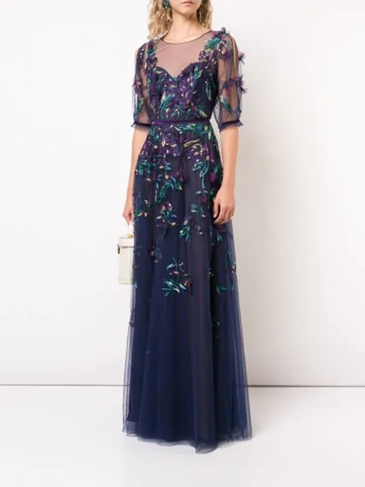 Shop Marchesa Notte Embroidered Tulle Ball Gown  In Blue ,multicolour