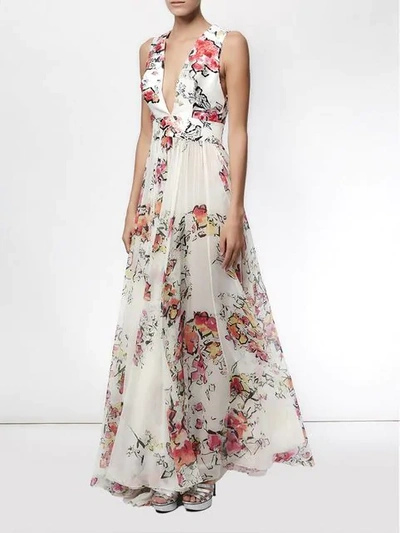 Zuhair Murad Floral Print Flared Gown In White
