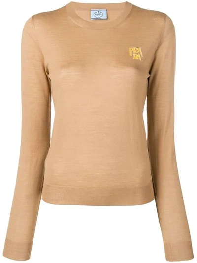 Shop Prada Logo Knitted Jumper In Brown