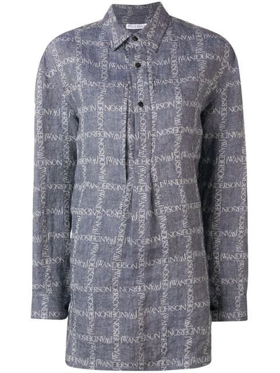 Shop Jw Anderson Women's Navy Logo Grid Tunic Linen Shirt In Blue