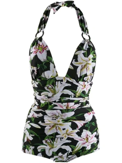 Shop Dolce & Gabbana Floral Print Halterneck Swimsuit In Green