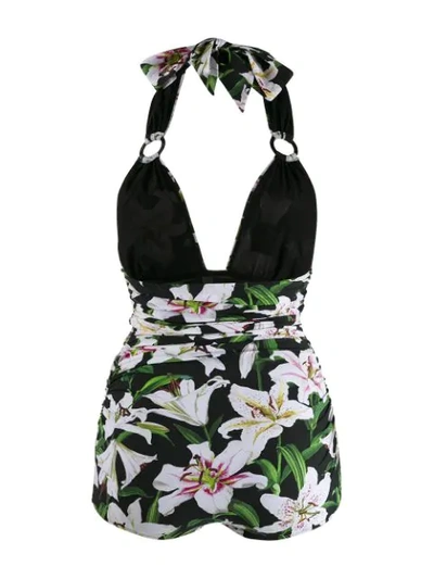 Shop Dolce & Gabbana Floral Print Halterneck Swimsuit In Green