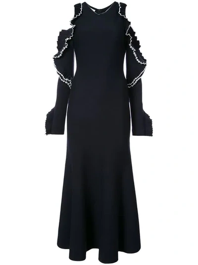 Shop Oscar De La Renta Cold-shoulder Ruffled Knitted Midi Dress - Black