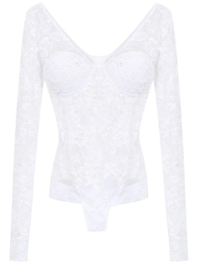Shop Amir Slama Lace Long Sleeved Swimsuit In White