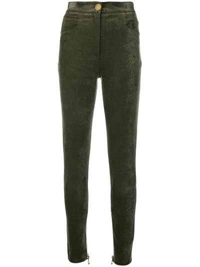 Shop Balmain Skinny High-waisted Trousers In Green