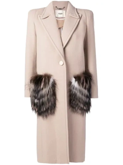 Shop Fendi Fur Pocket Single Breasted Coat In Neutrals