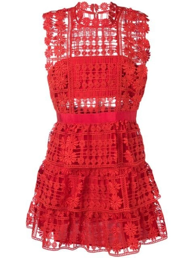 Shop Self-portrait Lace Ruffled Mini Dress In Red