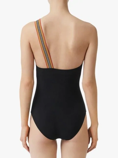 Shop Burberry Icon Stripe Detail One-shoulder Swimsuit In Black