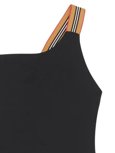 Shop Burberry Icon Stripe Detail One-shoulder Swimsuit In Black