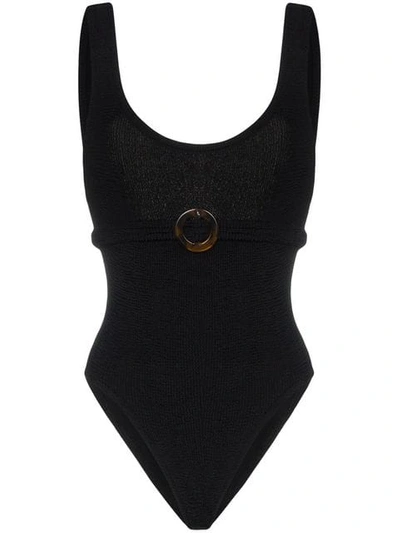 Shop Hunza G Solitaire Crinkle Belted Swimsuit In Black