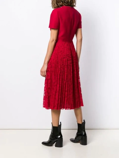 Shop Valentino Pleated Lace Midi Dress In Red