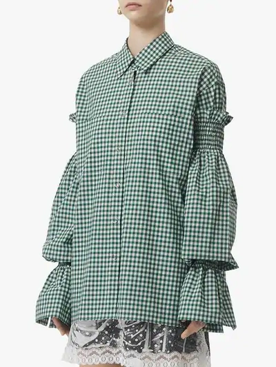 Shop Burberry Gathered Sleeve Gingham Shirt In White