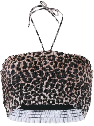Shop Ganni Leopard Print Bikini Top In Neutrals