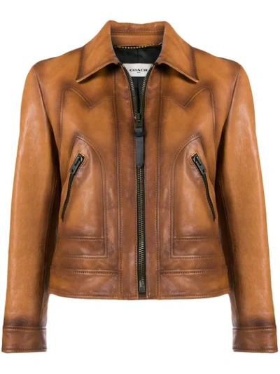 Shop Coach Burnished Leather Jacket - Brown