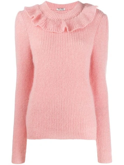 Shop Miu Miu Ruffled Detailed Knitted Sweater In Pink