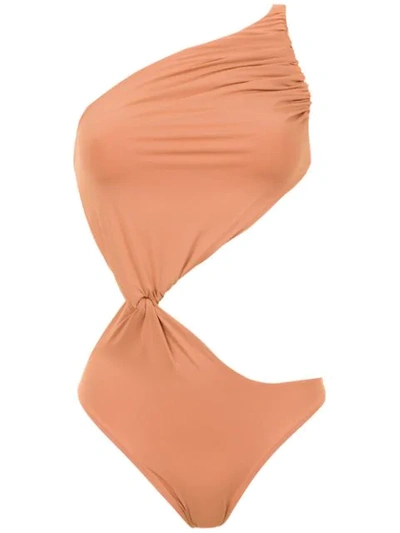 Shop Amir Slama One Shoulder Swimsuit In Neutrals