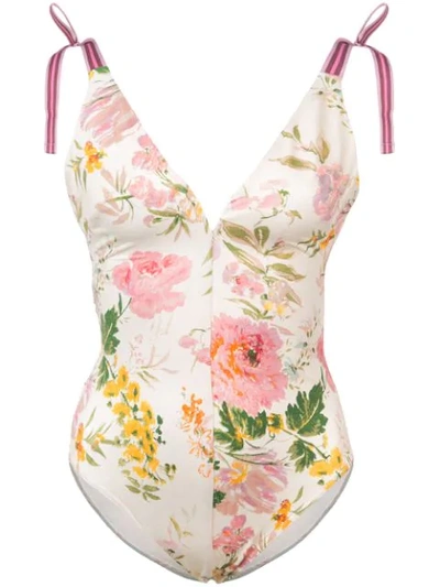 Shop Zimmermann Floral Print Swimsuit In White