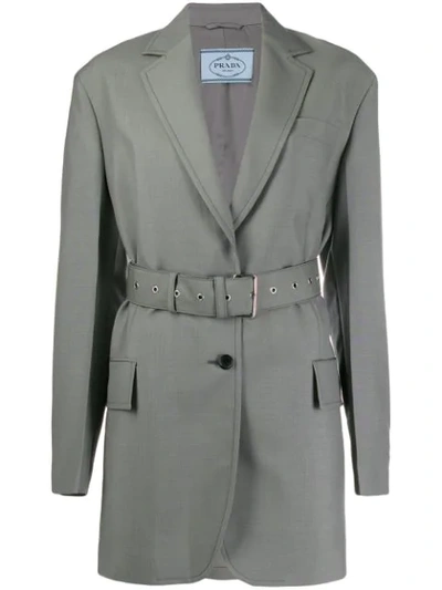 Shop Prada Einreihige Jacke Mit Gürtel In Grey