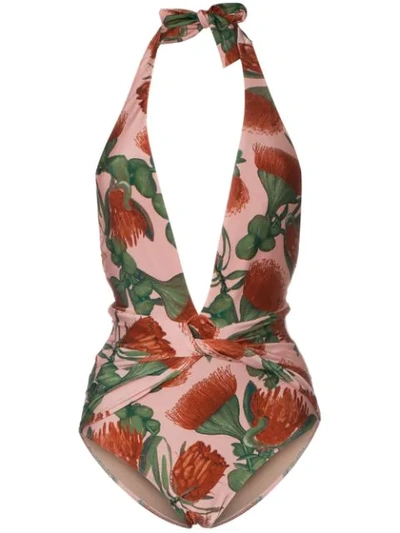 ADRIANA DEGREAS FIORE FLORAL STRETCH DEEP V-NECK SWIMSUIT - 粉色