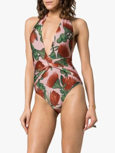 ADRIANA DEGREAS FIORE FLORAL STRETCH DEEP V-NECK SWIMSUIT - 粉色