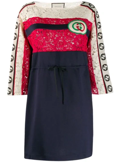 Shop Gucci Shortgg Embroidered Patch Striped Dress In Blue