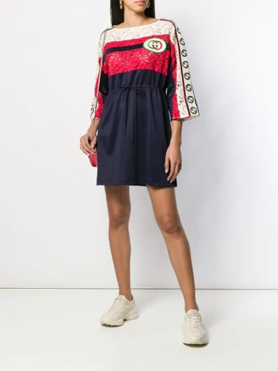 Shop Gucci Shortgg Embroidered Patch Striped Dress In Blue