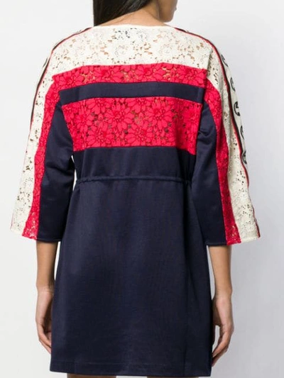 Shop Gucci Shortgg Embroidered Patch Striped Dress In Blue