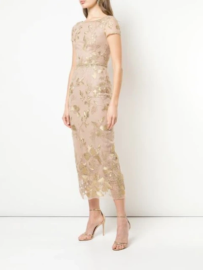 Shop Marchesa Notte Floral Embroidered Evening Dress In Gold