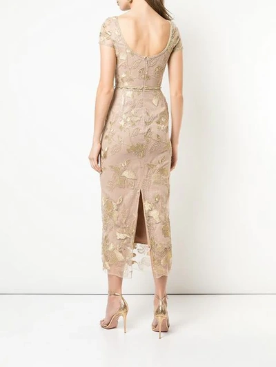 Shop Marchesa Notte Floral Embroidered Evening Dress In Gold