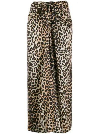 Shop Ganni Stretch Silk Leopard Print Skirt In Brown