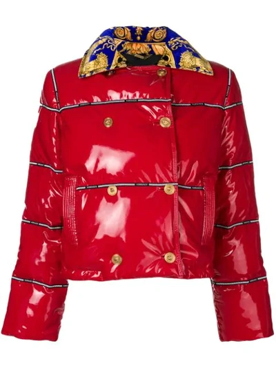 Shop Versace Cropped Puffer Jacket In Red