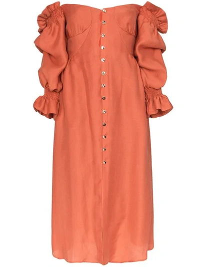 Shop Cult Gaia Simona Off-the-shoulder Puff Sleeve Button Down Midi Dress In Brown