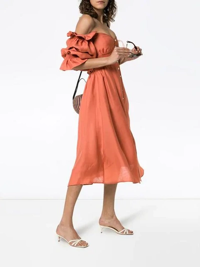 Shop Cult Gaia Simona Off-the-shoulder Puff Sleeve Button Down Midi Dress In Brown