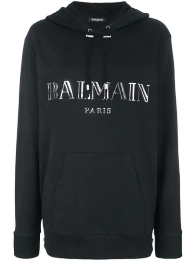 Shop Balmain Logo Plaque Hoodie In Black