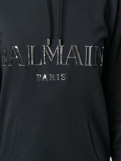 Shop Balmain Logo Plaque Hoodie In Black